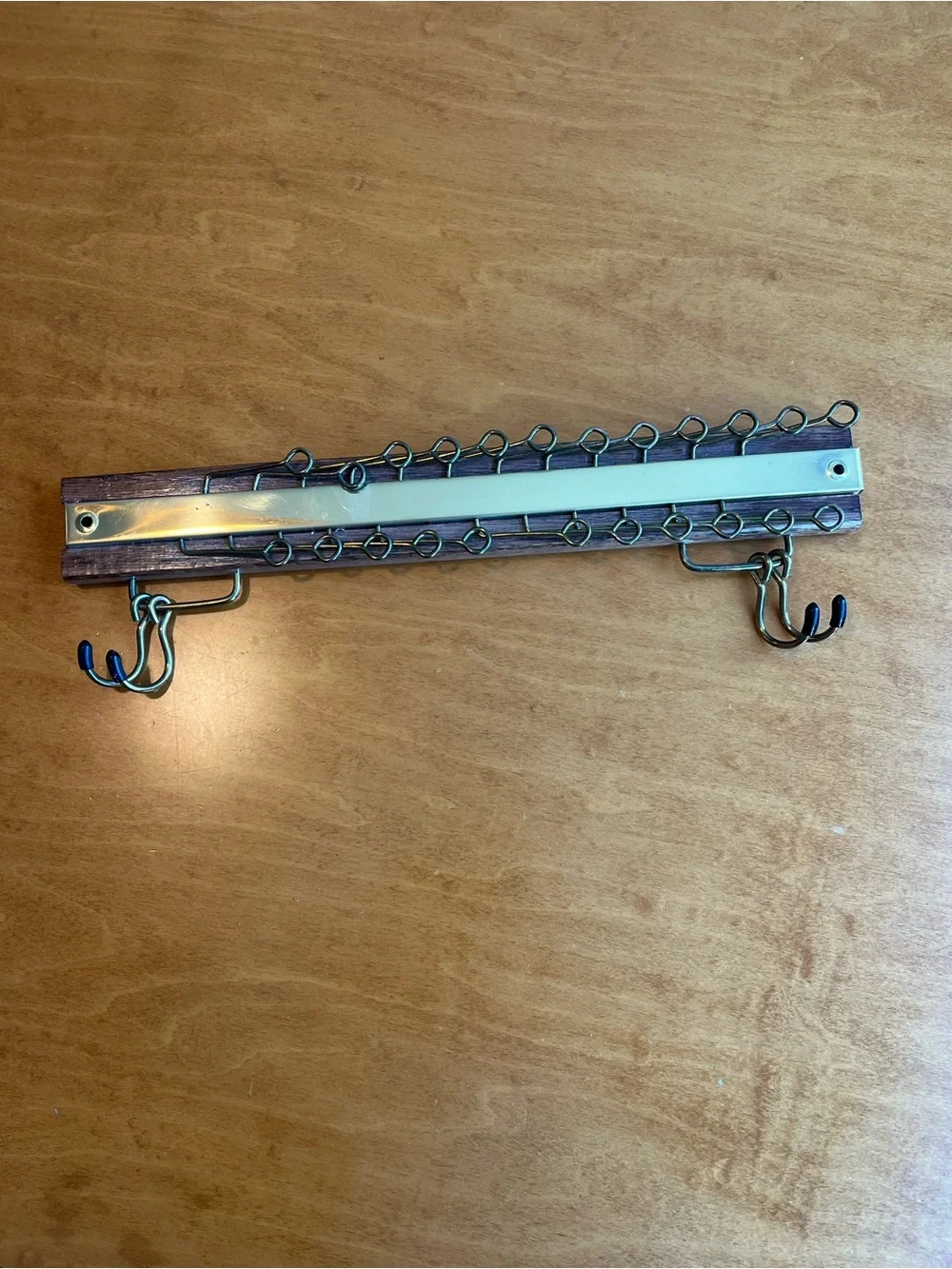 Vintage Brass Wall-Mounted Tie and Belt Rack in Wood and Brass Tones